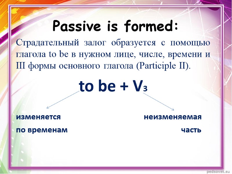 Passive is formed: Страдательный залог образуется с помощью глагола to be в нужном лице,